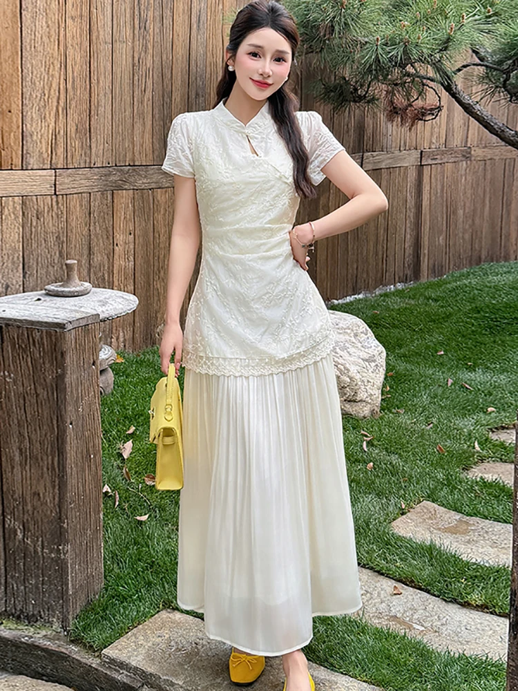 Women Emboridery Jacquard Patchwork Ruffled Long Dress Summer Short Sleeve Bodycon Luxury Dress 2026 Korean Vintage Party Dress