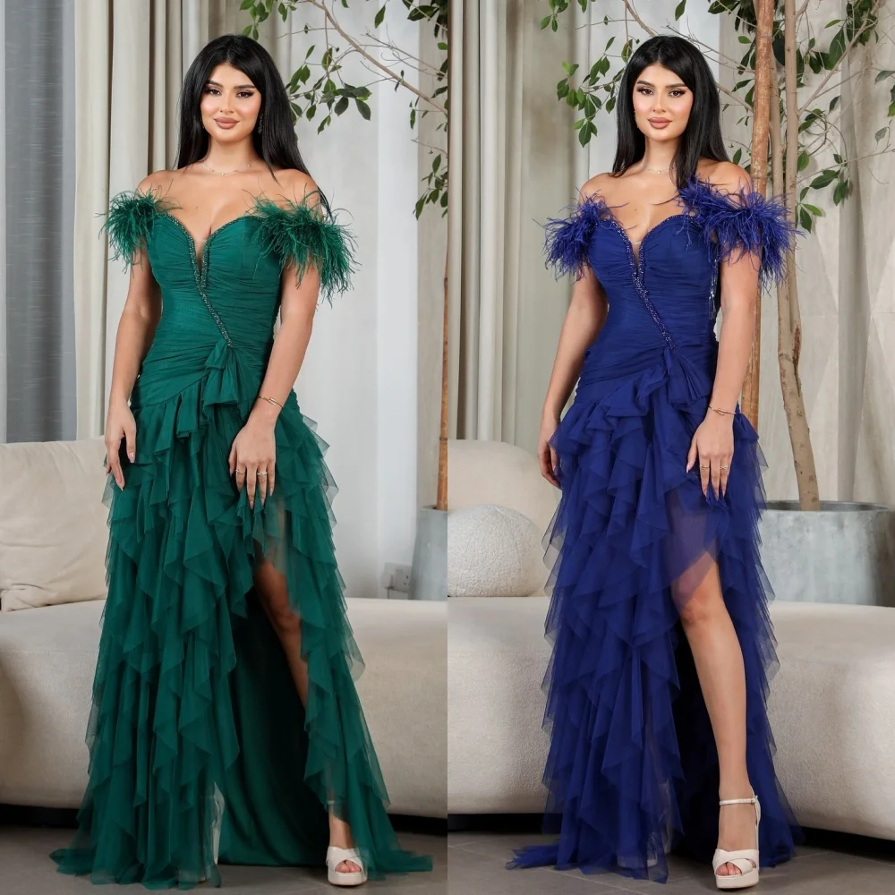 

Customized Matching Intricate Tulle Beading Ruched Tiered Feather A-line Off-the-shoulder Long Dresses Bespoke Occasion Dresses