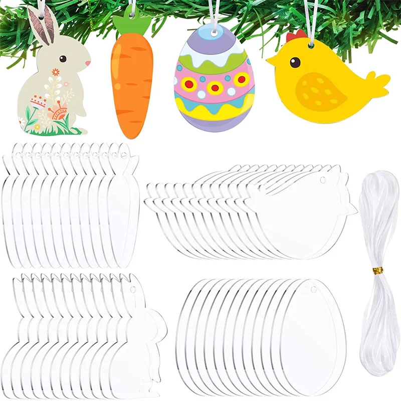 

48Pcs Acrylic Easter Ornament Blanks Hanging Tree Ornaments Clear Bunny Chick Egg Carrot For Easter DIY Craft Tools