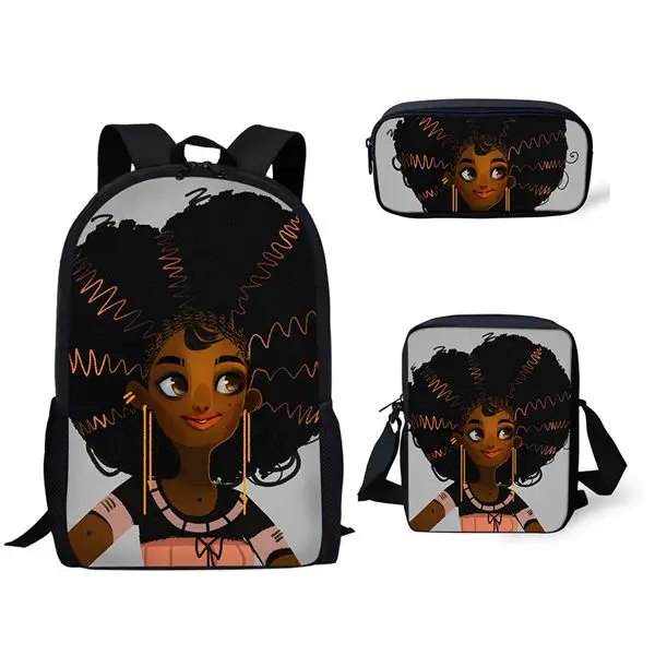 

Cartoon Cool African Girls 3Pcs/Set Backpack 3D Print Student Campus School Bag Anime Laptop Daypack Lunch Bag Pencil Bag