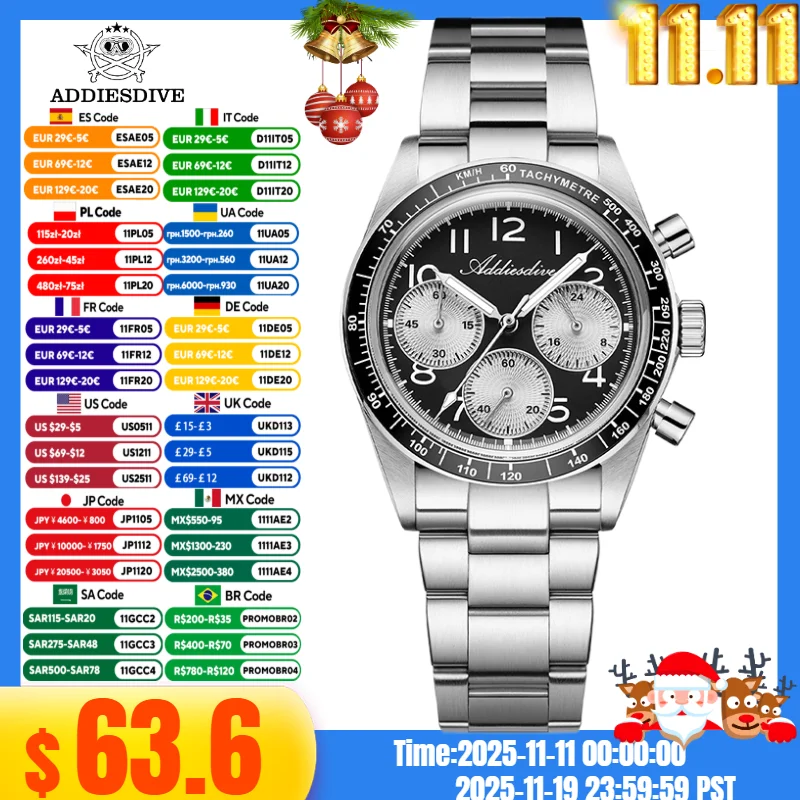 

ADDIESDVIE Watch For Men BGW9 Super Luminous AD2517 316L Stainless Steel 10Bar Waterproof VK63 Movement Chronograph Quartz Watch