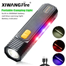 LED COB Light Source Flashlight Lightweight Torch With Power Indicator Rechargeable Red Blue Warning Light Portable Pocket Light