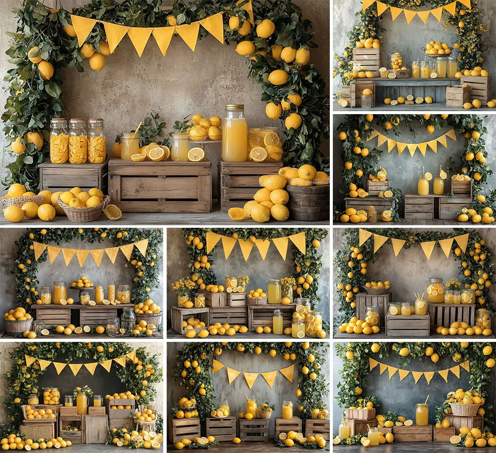 Fundo Fotográfico Mehofond: Limão Espremido, Limonada, Folha Verde, Decoração para Aniversário Infantil, Cenário para Retratos e Estúdio Fotográfico