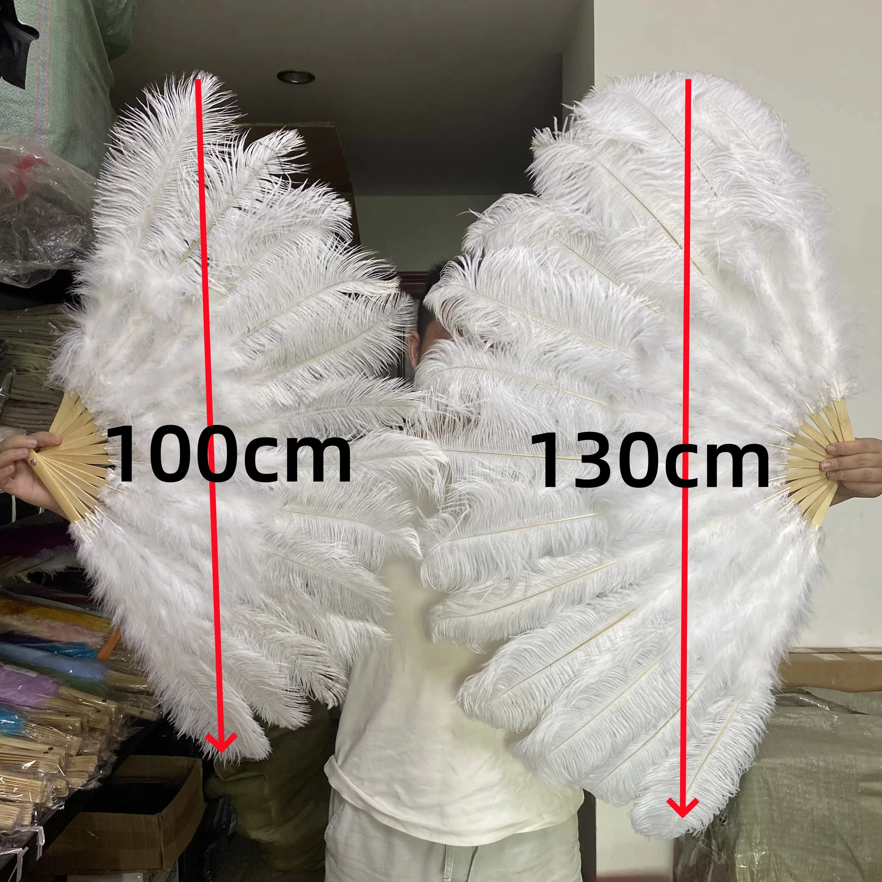 Handheld Big White Ostrich Feather Fan 100CM 130CM Feathers for Carnival Stage Performance Belly Dance 13 Bone Crafts Fan view 5