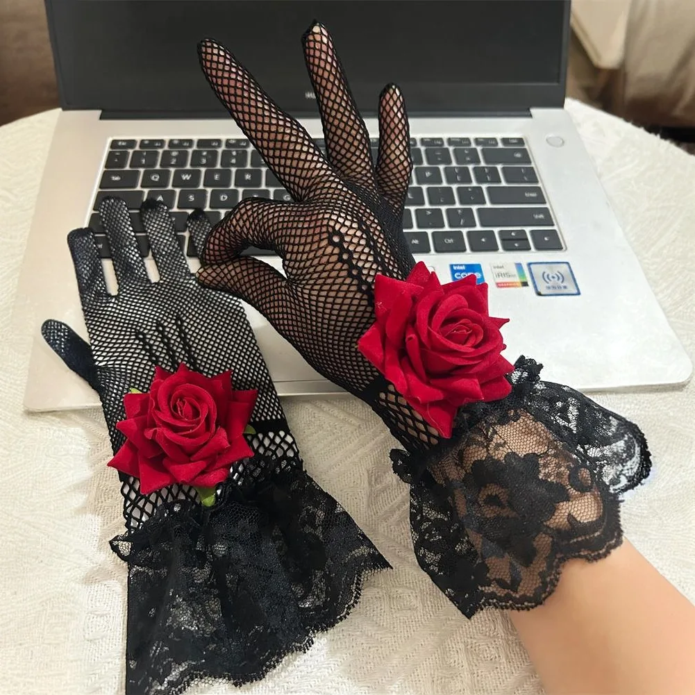 New Rose Flower Lace Bridal Gloves Punk Hip Hop Cosplay Fishnet Mittens Party Performance Gloves Dance Costume Photography Prop