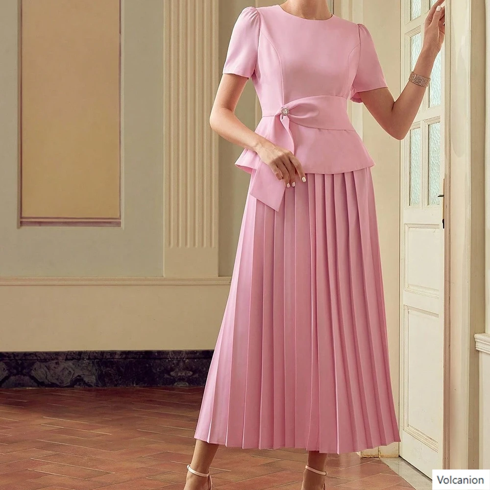 

Customized A-line Evening Dresses Tea-length O-neck Short Sleeve Prom Gown Simple Fashion Pleat Draped Casual Party Gown