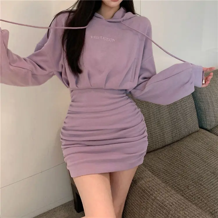Hooded Sweater Wrap Hip Dress Women's Autumn 2023 New Short Dress Purple Waist Long Sleeve Y2K Skirt