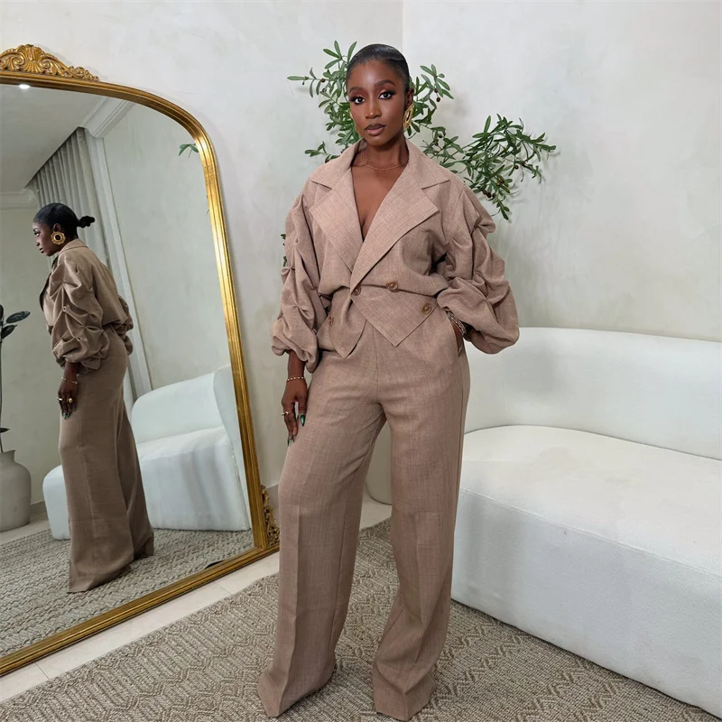 

Doyerl Vintage Elegant Pant Suits for Woman 2 Piece Set Outfit Double-breasted Lanten Sleeve Blazer Top and Wide Leg Pants Sets
