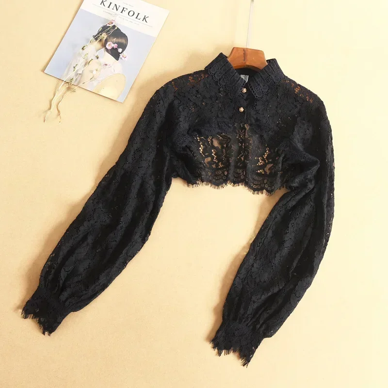 Lace Shrugs Long Sleeves Sweater Bolero Collar Crop Tops Women Button Under Knit Shirt Without Tube Open Front Short Cardigan