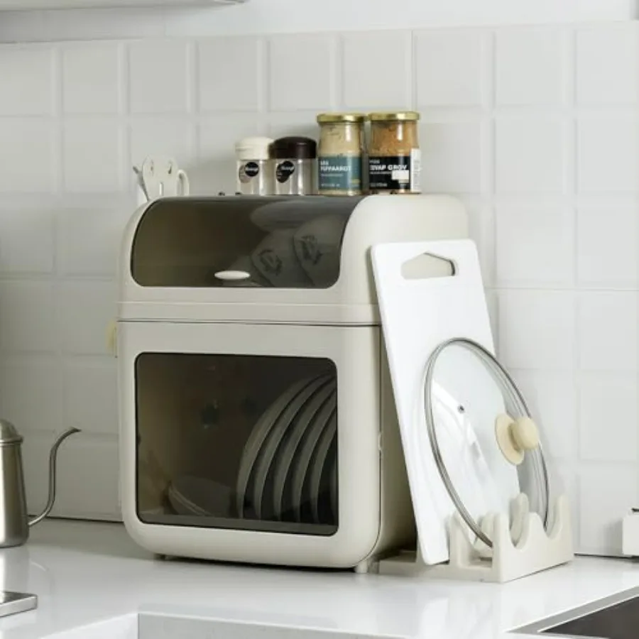 

2-Tier Plastic Dish Drying Rack with Cover for Kitchen Counter Includes Cutting Board and Pot Lid Hook Storage Removable Drain