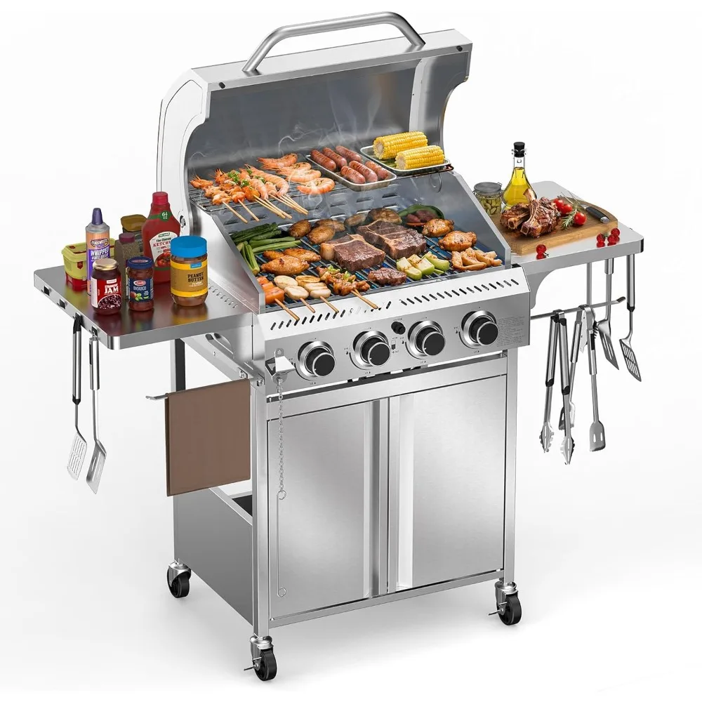 

Stainless Steel 4-Burner Propane Gas Grill with Folding Side Shelf and 32,000 BTU Cooking Power