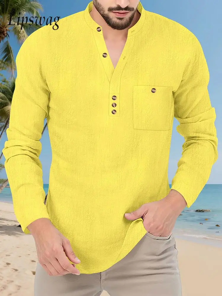 

Мужские льняные топы с воротником-стойкой на пуговицах в стиле ретро, осенние винтажные однотонные льняные рубашки, пуловеры, новые мужские повседневные дышащие рубашки