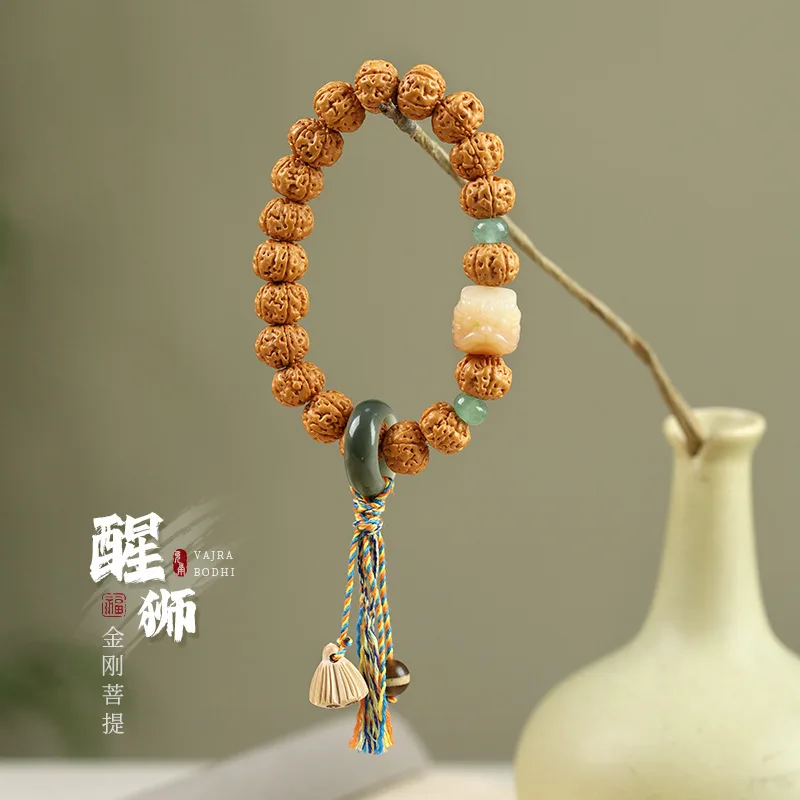 Vajra Bracelet, Original Seed Hand-Rolled Weathered, Bodhi Reminder Lion Buddha Beads Handheld
