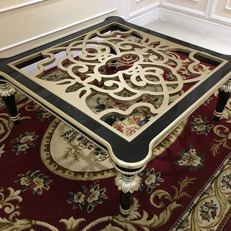 

European style square large tea table solid wood carved small family living room tea table tempered glass surface