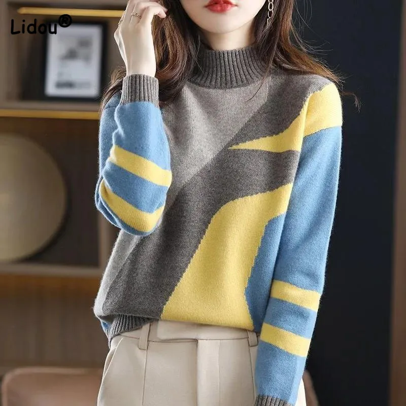 Fashion Elegant Patchwork Sweaters Women's Clothing Autumn Winter Female Korean Half High Collar Long Sleeve Knitted Pullovers