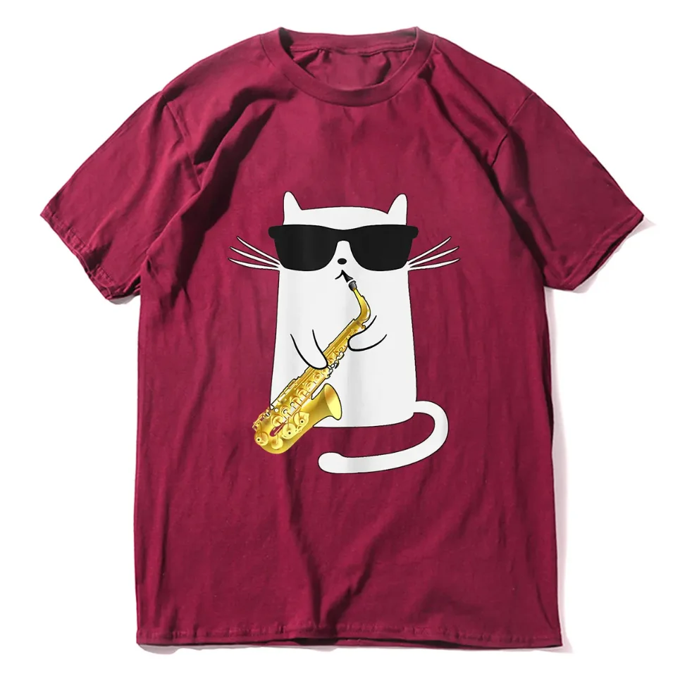 Unisex 100% Cotton Funny Cat Shirt Saxophone Music Gift Men T-Shirt Oversized Casual Tee Clothing Streetwear