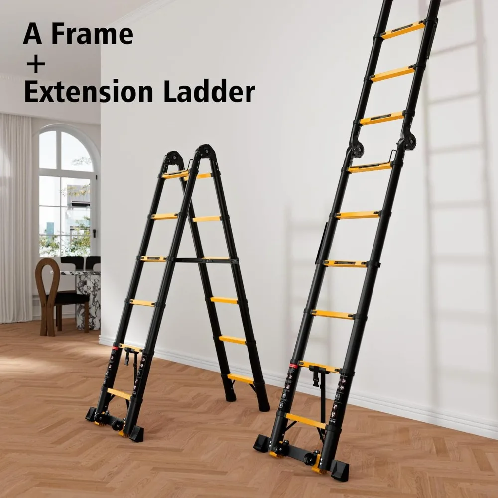 Furniture 16.5 FT Telescoping A Frame Ladder, 8 Step, ANSI Certified, Type I Heavy Duty, 330lbs Max Capacity, Aluminum - HOME