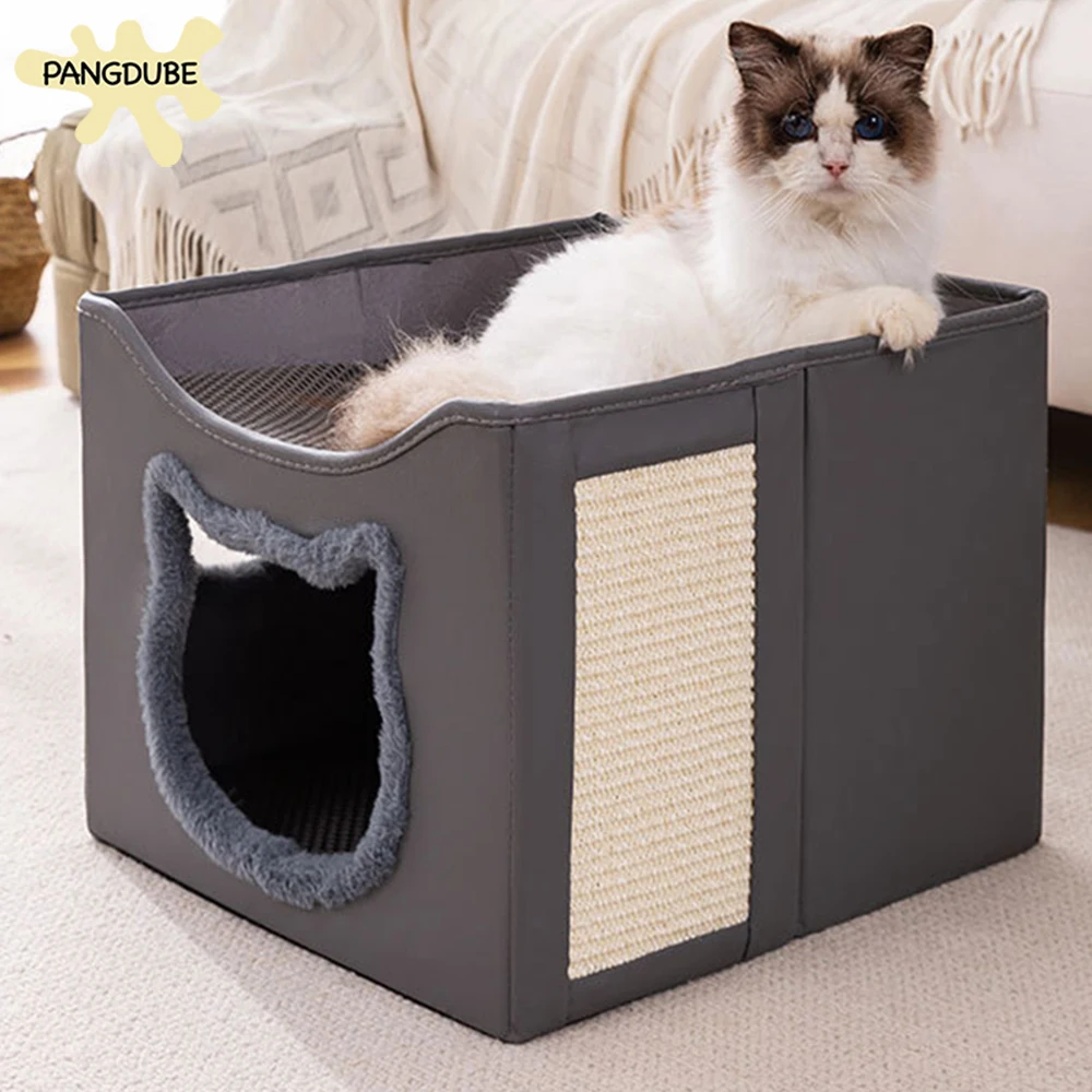 PANGDUBE Cat House Indoor Foldable Cat Bed Cave Cube Tech Fabric Scratching Board Breathable Summer Kitty Condo Hideaway Tent