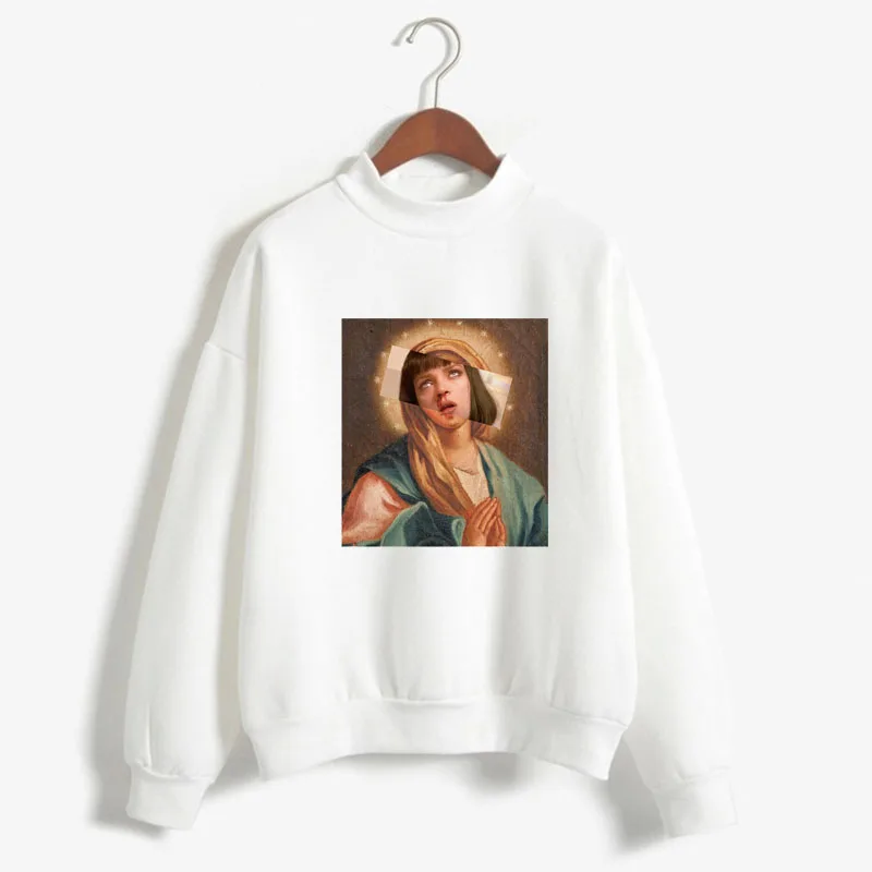 Virgin Mary Mixed Pulp Fiction Mia Wallace Printed Hoodies Women Fleece Long Sleeve O-Neck Loose Sweatshirt Winter Autumn