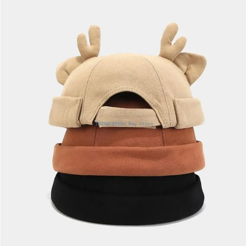 340D Vintage Hat Christmas Hat Leon Hat Brimless Hat Adjustable Antler Ears Skull Hat Reindeer Horn for Female Male