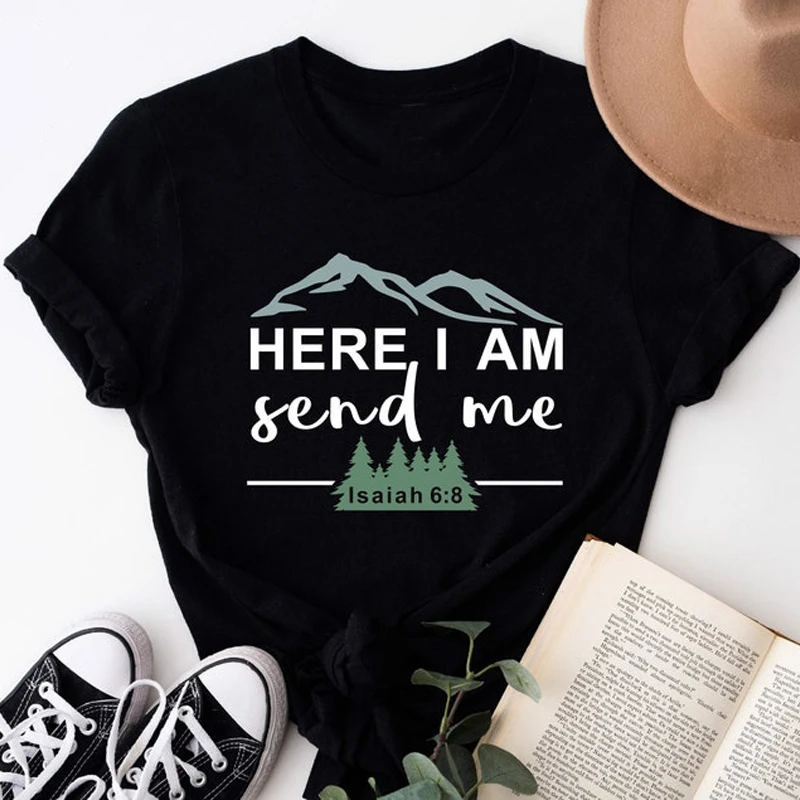 Here I An Send Me Lsaiah 6:8 Slogan Tee Biblical Verses Christian T-shirt Summer Basic Style Female Top Custom Tees image 2