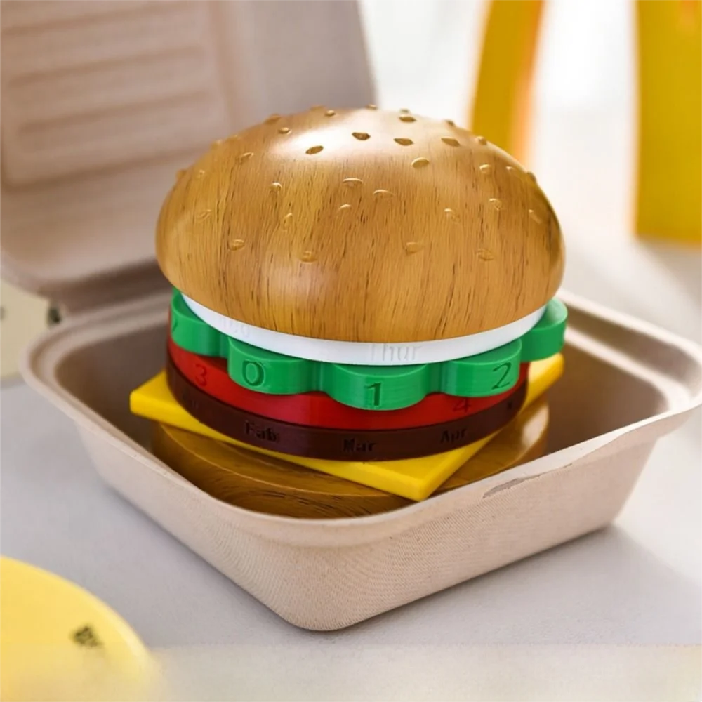 

Creative Hamburger Perpetual Calendar Reusable Non-slip Bottom Rotating Desk Calendar Quiet Decorative Fun Burger Table Ornament