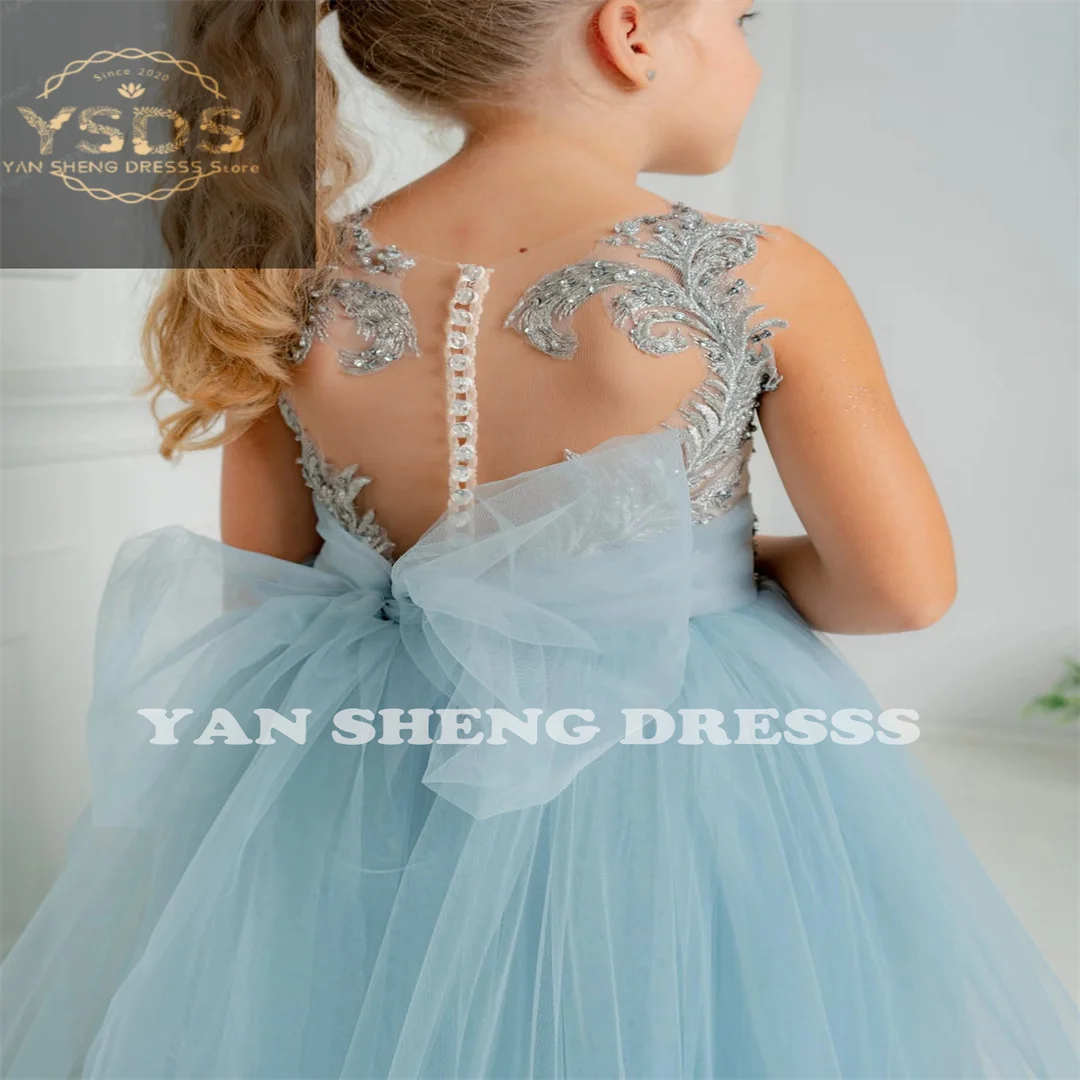 Light Blue Tulle Flower Girl Dress Beaded Sleeveless Appqulies Backless Ball Gown For Wedding Party Kids Birthday Pageant Dress