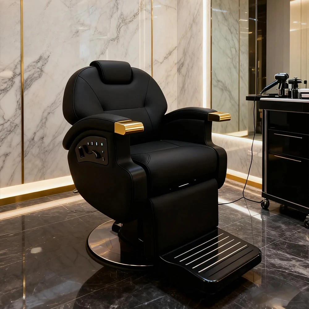

Новое регулируемое кресло для парикмахера из черной кожи с электроприводом, функцией поворота, откидывания и подогревом.