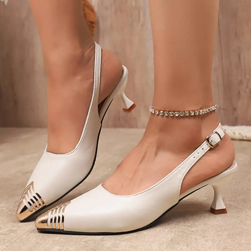 

Fashion Metal Decoration Pointed Toe High Heel Slingback Pumps Women 2025 Spring Formal Back Strap Pumps Woman's Office Shoes