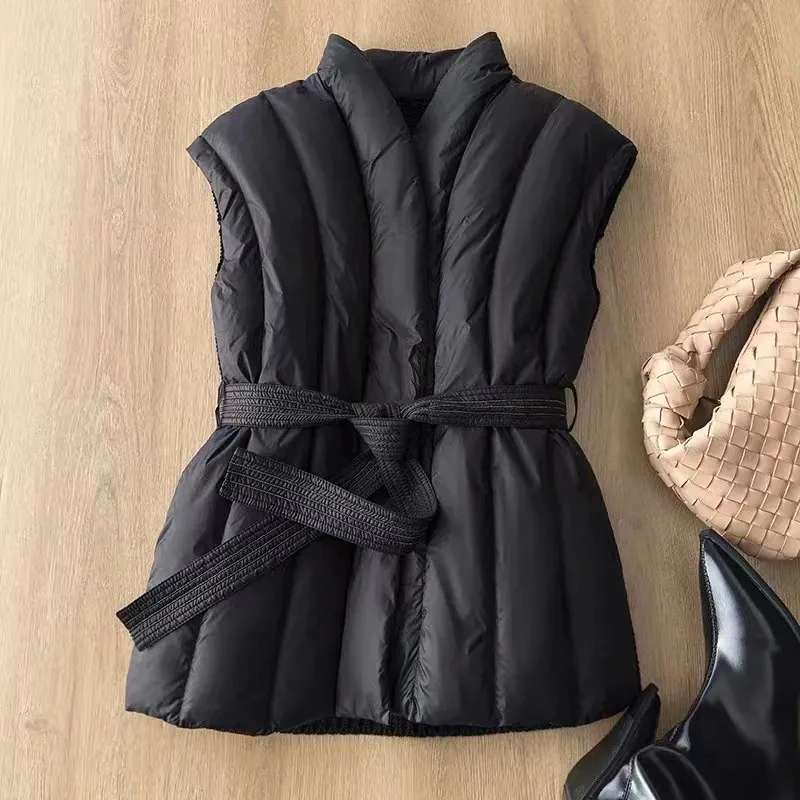 Winter Cotton Padded Puffer Vest Women knitted Sleeveless Belt Down Vest Female Winter Warm Waistcoats Ladies Stand Collar Coat