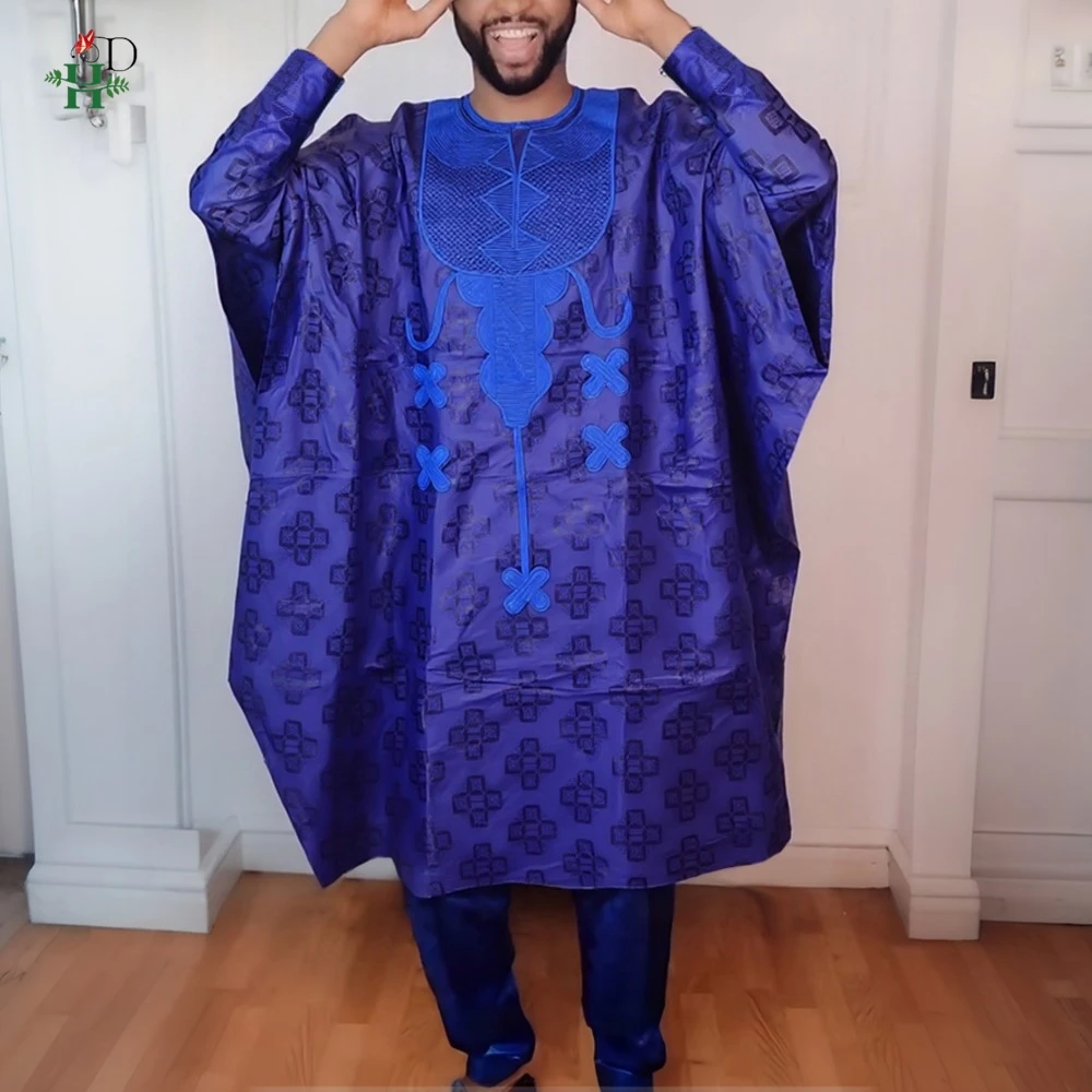 Vêtements africains traditionnels 3 pièces, tenue africaine pour hommes, bleu Bazin Riche Agbada, Robe de soirée de mariage brodée, grande taille