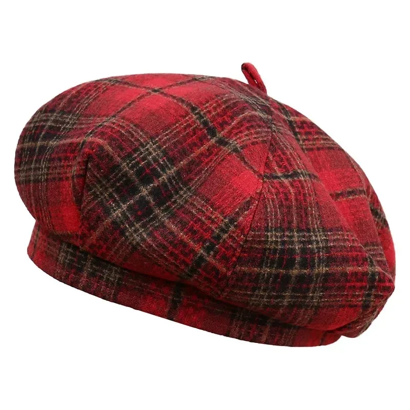

color blocking plaid face enhancing little beret hat for women, autumn and winter cashmere blend warm and versatile artist hat