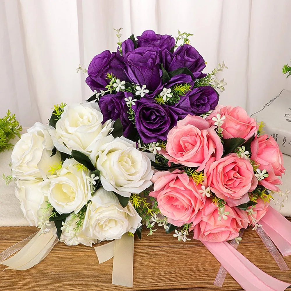 1PC Silk Rose Bride Bouquet Bridesmaid Group Photo Props Bride Wedding Ceremony Graduation Dance Gift Multicolor Home Decoration