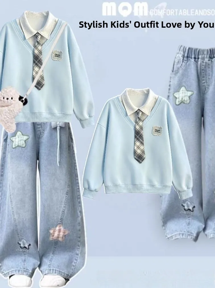Girls Casual Autumn Outfit 2026 New Style School Uniform Sweatshirt Jeans Fashionable Two-Piece Set Big Kids Clothing Set