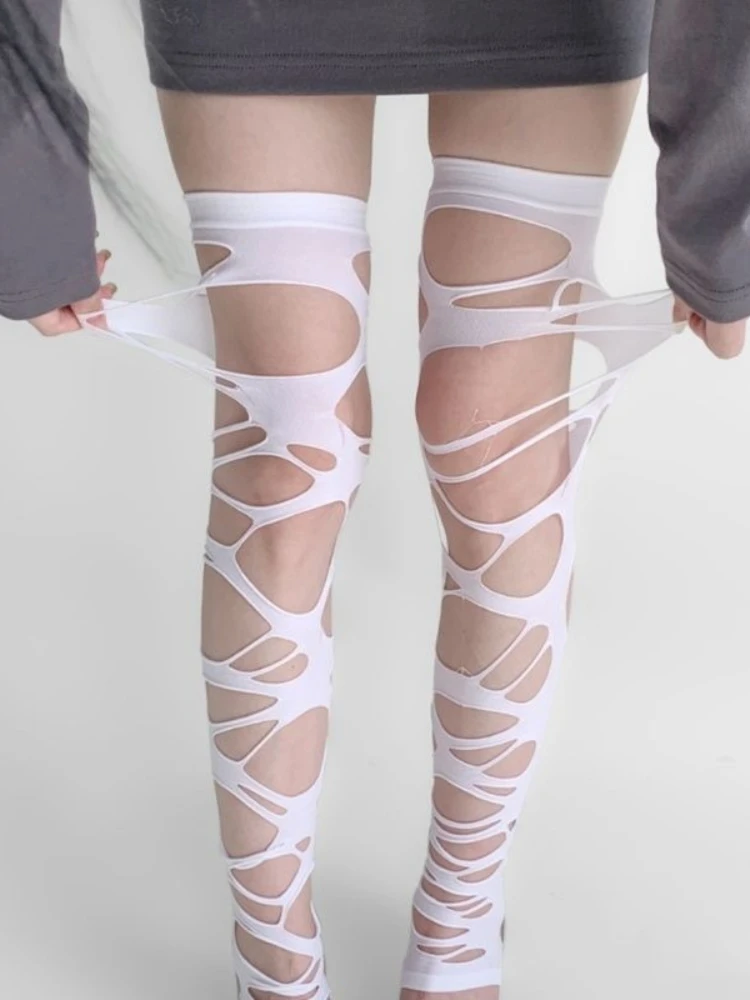 Women's Sexy Summer Thin Black Irregular Ripped Holes Fishnet Thigh High Stockings Gothic Lolita JK Mesh Hollowed-out Long Socks