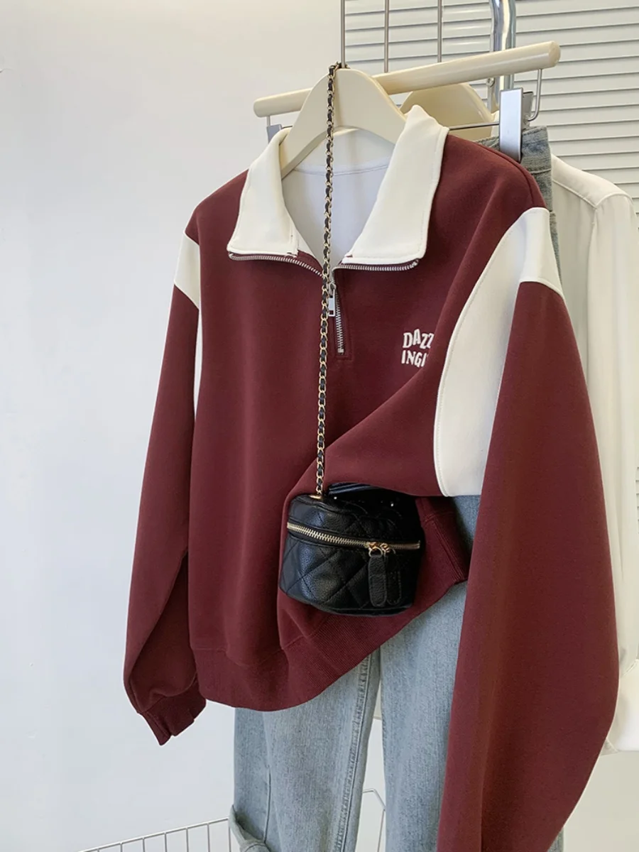 

Retro American Color Blo Ne Hoodie Women's Loose ort Sle f Zipper Baseball Jaet Autumn Winter New Trend Brand