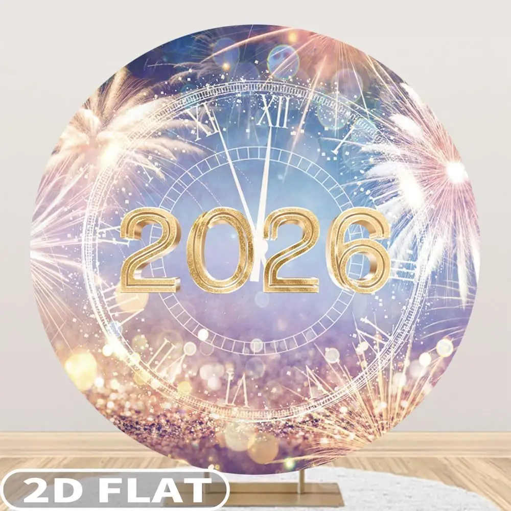 

1pc 2026 Happy New Year Round Party photo booth props, Polyester Colorful Background Family New Year Eve Banner(NO STAND)