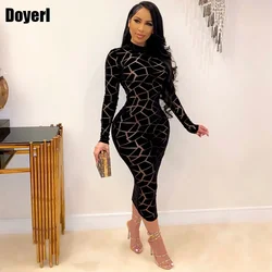 Print Bodycon Midi Party Dress Women Long Sleeve Sheath Slim Transparent Sheer Mesh Dress Elegant Vintage Night Club Sexy Dress