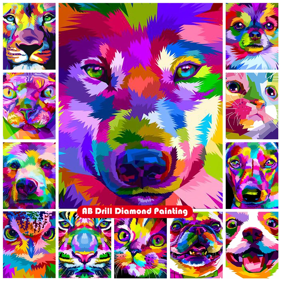 Zipper Bag 5D DIY AB Diamond Painting Kit Colorful Animal Wolf Dog Cat Full Square Round Diamond Embroidery Mosaic Home Decor