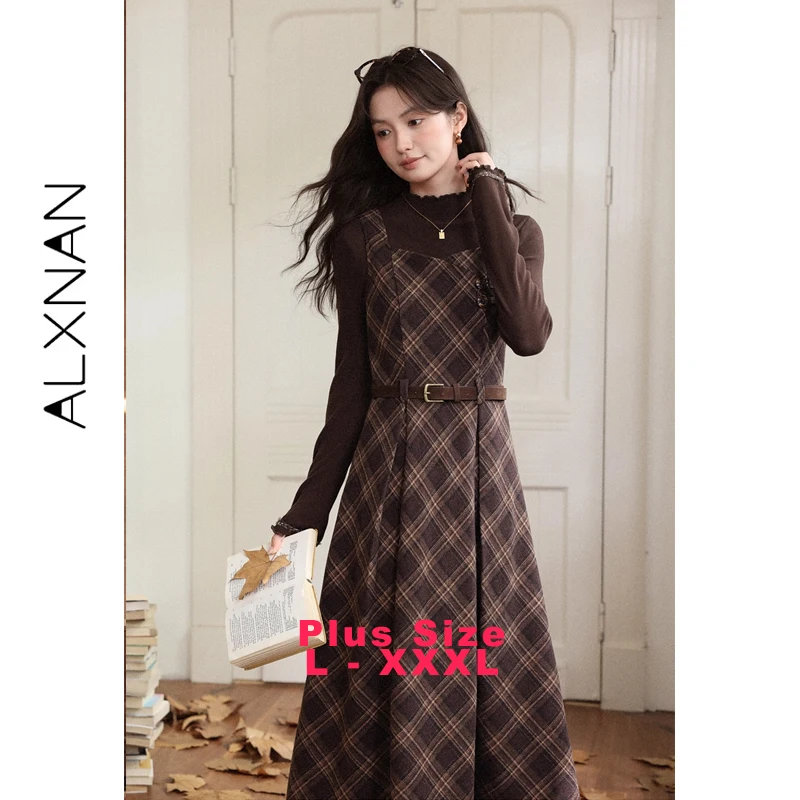 

ALXNAN коричневое клетчатое платье больших размеров, осеннее новое платье трапециевидной формы без рукавов с поясом и пуговицами, облегающее литературное винтажное платье D58719