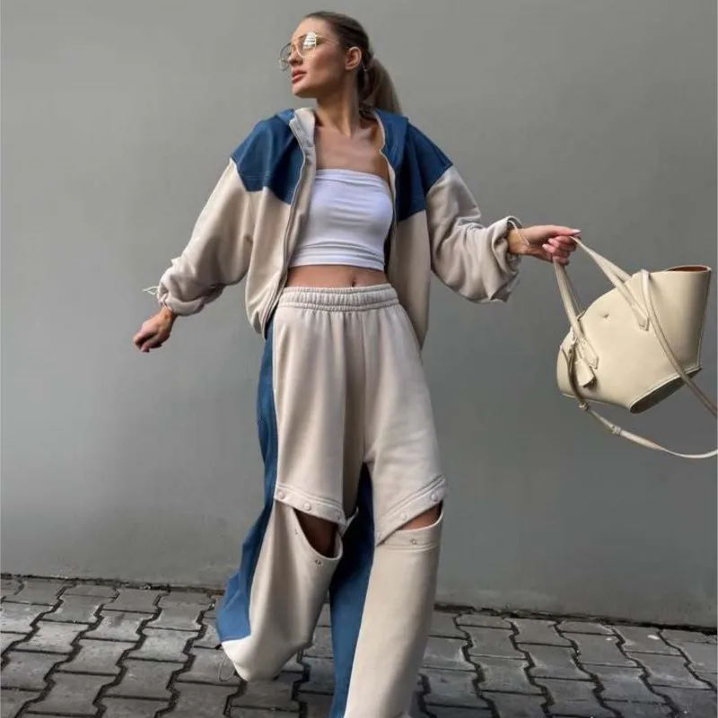 

Women's Streetwear Color-Blocked Hooded Zip-Up Cardigan Drawstring Distressed Button Pants Two-Piece Set Trendy Active Outfit