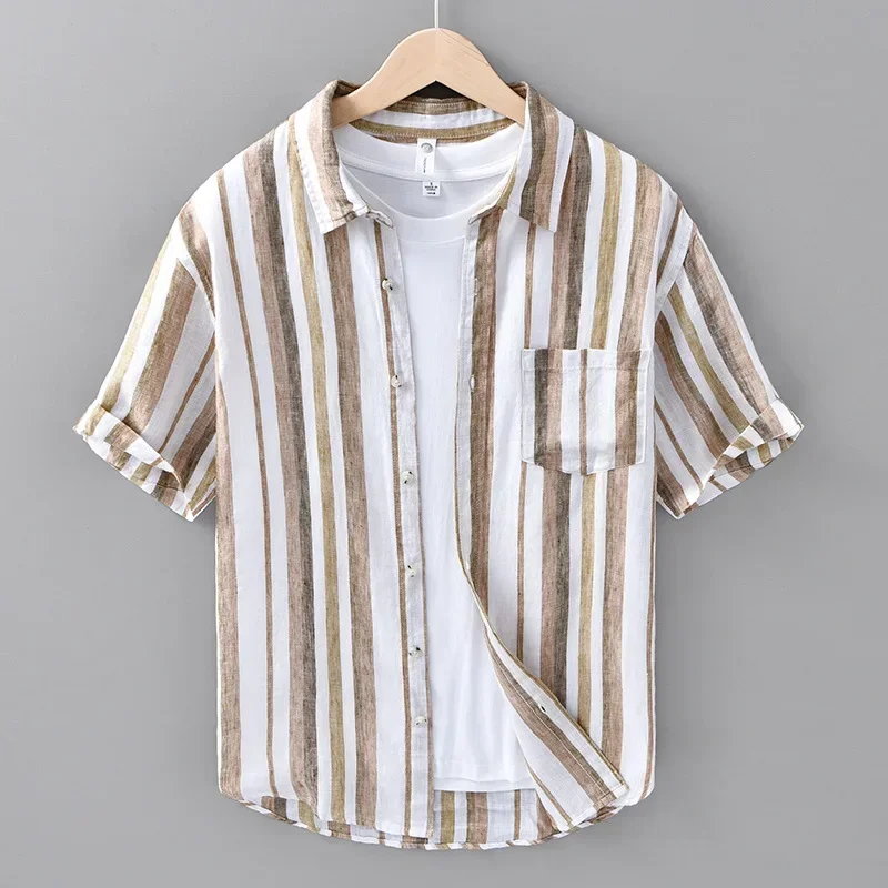 

Breathable 100% Linen Shirt Men Summer Beach Mens Tops Loose Lapel Short Sleeve Striped Shirts Casual Harajuku Vintage Shirt