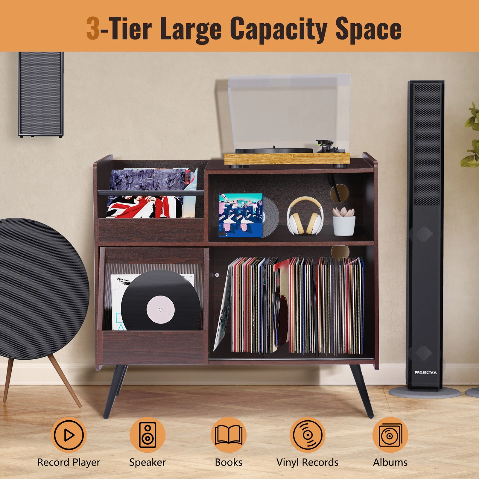 Wooden Versatile Storage Cabinet with Socket Record Storage Cabinet with Light for Living, Dining & Modern Furniture