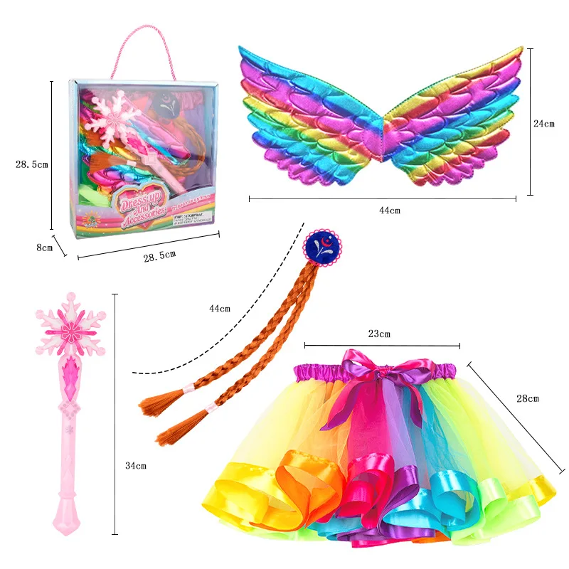 Children Girl Grooming Toy Halloween Role-Playing Costume  Flashing Magic Wand Princess Veil Wing Necklace Wig Jewelry Set Toy