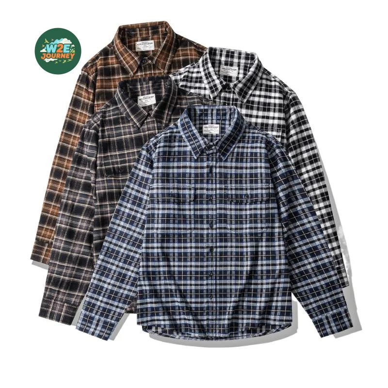 

W2EJOURNEYHeavy Thick Plaid Shirt Light Brushed Amekaji American Men's Vintage Long Sleeve Shirt