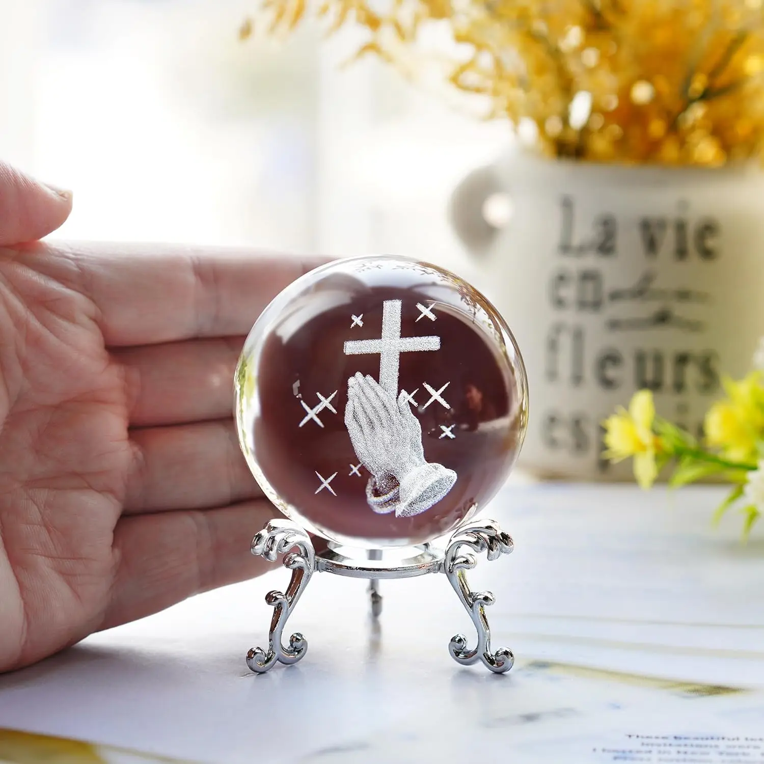 60mm Hand Holding Cross Crystal Ball with Metal Stand Christian Collectible Decoration for Home