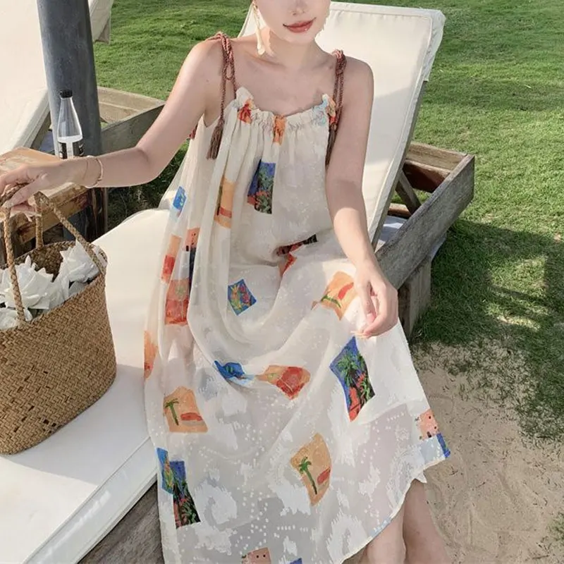 Holiday Beach Style Printed Slip Midi Dress 2024 Summer Loose Stylish Shirring Women\'s Clothing O-Neck Casual Drawstring Dresses