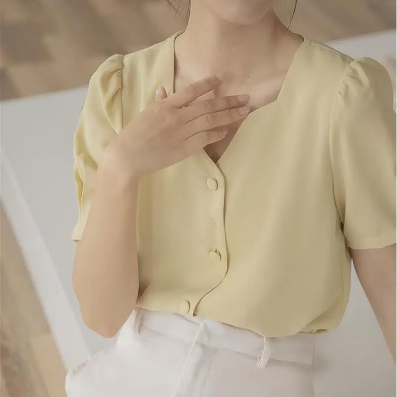 Summer New Fashionable Casual Solid Color Temperament Short Sleeved Shirt French Style Elegant Simple Versatile Women\'s Clothing