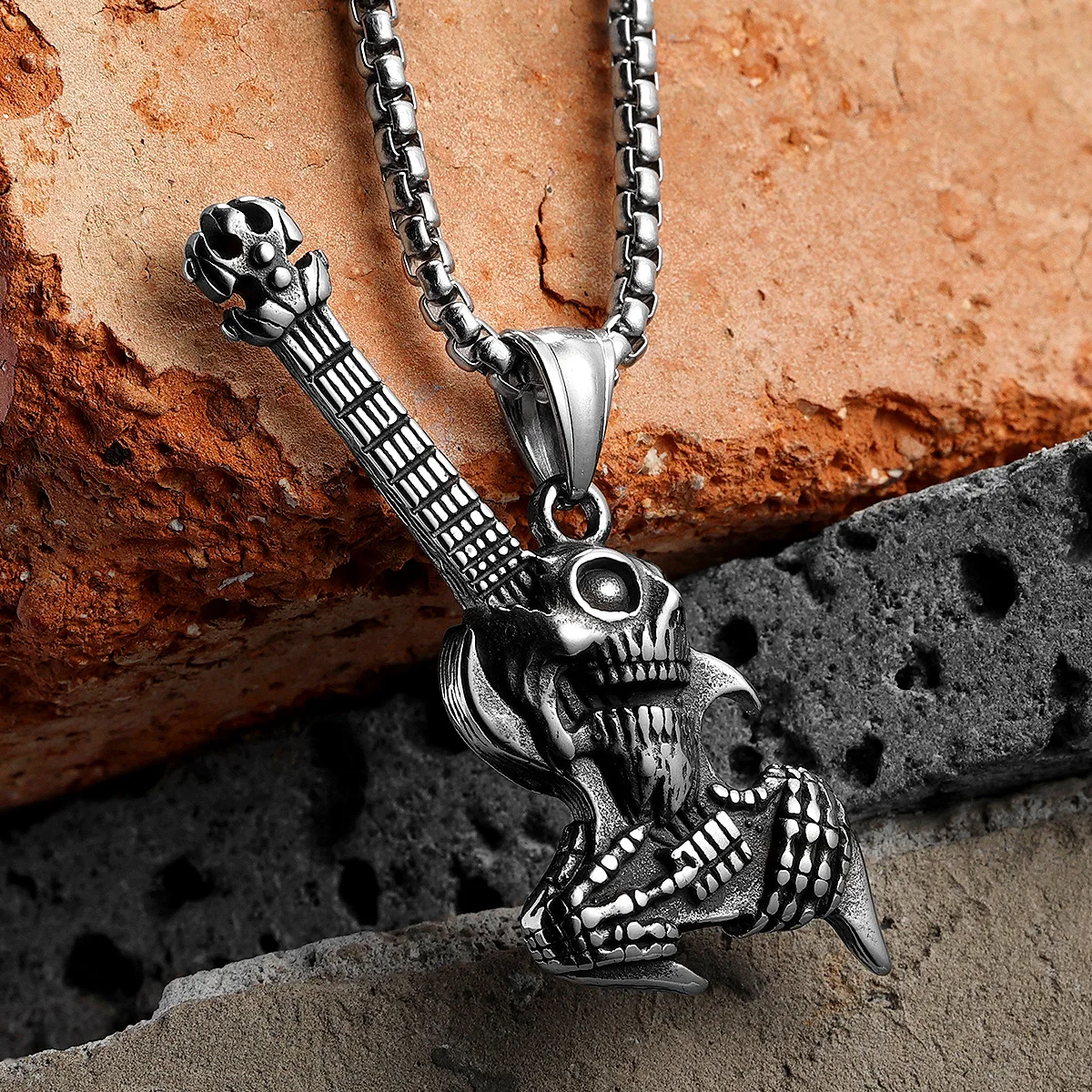 Skull Guitar Stainless Steel Jewelry Men Trendy Necklaces With Pendant For Male Women Punk Hip Hop Accessories Gifts Wholesale