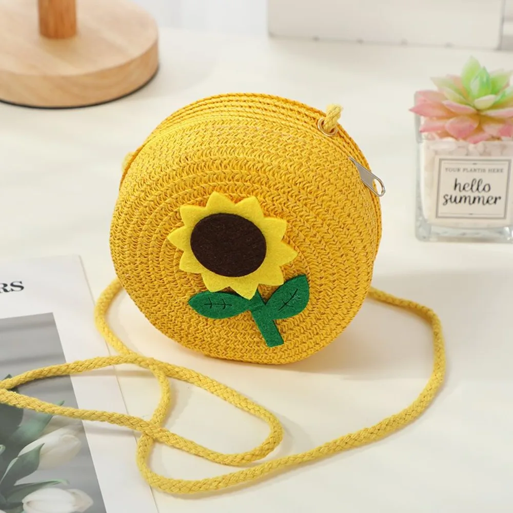 Durable Straw Crossbody Bag Round Small Shoulder Bag Flower Handbag Kids Girls